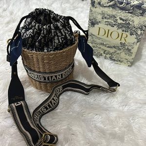 Copy-Christian Dior Drawstring Bucket Bag Wicker with Oblique Canvas